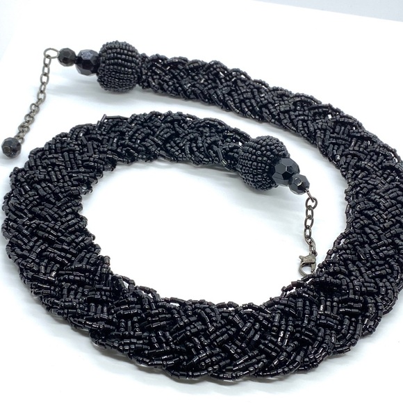 Black Seed Bead Bohemian Wide Braided Collar Necklace - Picture 2 of 8